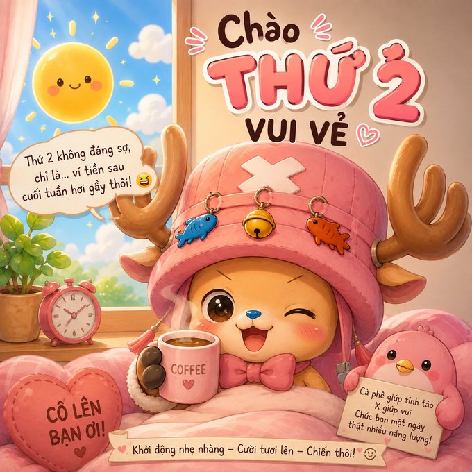 A cute pink-hooded reindeer character winks while holding a "COFFEE" mug, surrounded by cheerful Vietnamese motivational text including "Chào THỨ 2 VUI VẺ" (Happy Monday), "CỐ LÊN BẠN ƠI!" (Keep going, friend!), and "Khởi động nhẹ nhàng - Cười tươi lên - Chiến thôi!" (Warm up gently - Smile brightly - Let's go!), perfectly matching the "Gm X family" greeting with an upbeat Monday morning vibe.