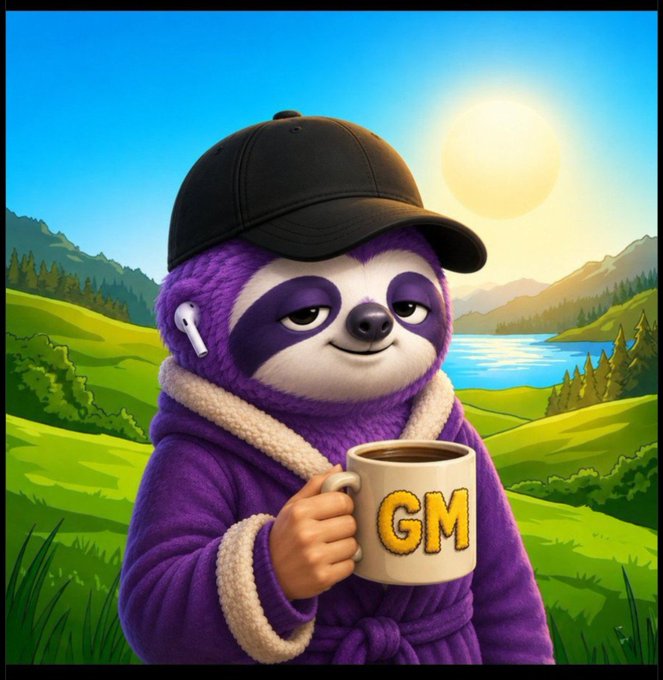 An AI-generated illustration of a purple sloth wearing a black cap and robe, holding a mug that says 'GM' against a scenic landscape background.