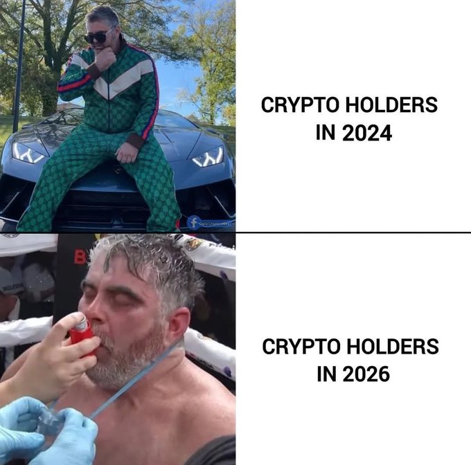 A collage of two images, a man in green and white sitting on a car with "Crypto holders" written below him, and another image of the same man holding an air freshener labeled " Crypto holders in 2026".