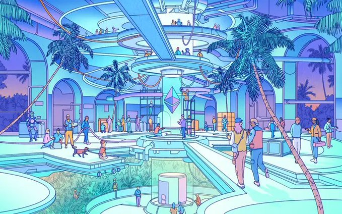 An anime-style illustration of a futuristic, futuristic multi-level indoor space with palm trees, people interacting, and an Ethereum logo displayed prominently.