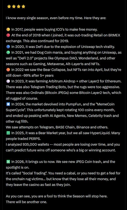 A high-engagement crypto post (4-star engagement shown) outlines a year-by-year timeline of crypto market "seasons" from 2017 through 2026—covering ICOs (2017), BitMEX retail trading (2018), DeFi/Uniswap virality (2020), Dog Coin mania/Olympus DAO/L2s (2021), the Bear Collapse/NFTs (2022), Arbitrum Airdrops/Telegram Trading Bots/Ordinals (2023), PumpFun/MemeCoin cycle/AI Agents (2024), Hyperliquid/PERPS (2025), and new "Social Trading" JPEG coin scams (2026)—warning that 935,000 wallets analyzed are losing overall and seasons never end, reinforcing the caption's message that chasing crypto seasons is a fool's game reserved for the top 0.1% of insiders.