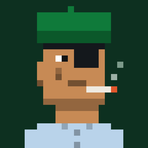 A pixel art illustration shows a brown-skinned character wearing a green hat and light blue shirt, smoking a cigarette with visible smoke. The image appears alongside a post about $PUNK cryptocurrency reaching an all-time high, with the character symbolizing a "PUNK" persona connected to the NFT-themed content.