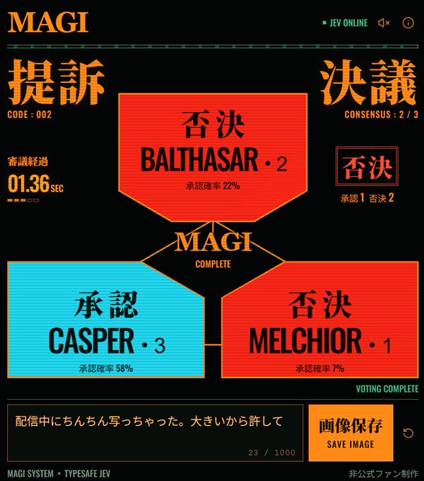 A voting interface titled 'MAGI' displays rejection results with '否決 BALTHASAR·2' (22%) and '否決 MELCHIOR·1' (7%), while '承認 CASPER·3' received 58% approval; text indicates the system is from PSYCHO-PASS and JEV ONLINE.