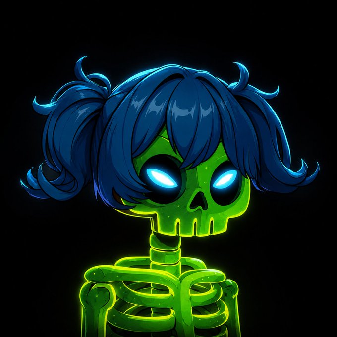 A digital illustration of a glowing green skeleton with blue pigtails and bright blue glowing eyes set against a black background.