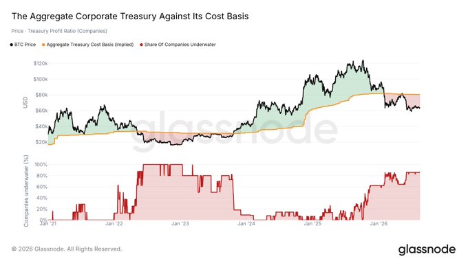 A Glassnode chart titled "The Aggregate Corporate Treasury Against Its Cost Basis" showing BTC price (black) versus the aggregate treasury cost basis (orange) from January 2021 to early 2026, with the bottom panel indicating the share of companies underwater currently sitting near 80%.