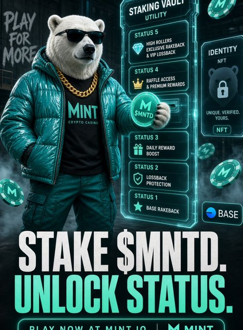 The image is a promotional graphic for Mint Crypto Casino featuring a bear mascot in sunglasses and a teal puffer jacket, advertising a staking vault utility for the $MNTD token with a tiered status system (Status 1-5) offering benefits like daily reward boost, lossback protection, raffle access, and high roller rakeback, alongside an identity NFT feature and Base blockchain branding. The bold tagline "STAKE $MNTD. UNLOCK STATUS." directly reinforces the post's explanation of the platform's staking-to-benefits utility loop.