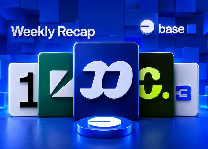 A 3D-rendered banner titled 'Weekly Recap' features the 'base' logo in the top right and showcases stacked app icons including '1Password', 'Zoom', 'Coinbase', and others against a blue blocky background.
