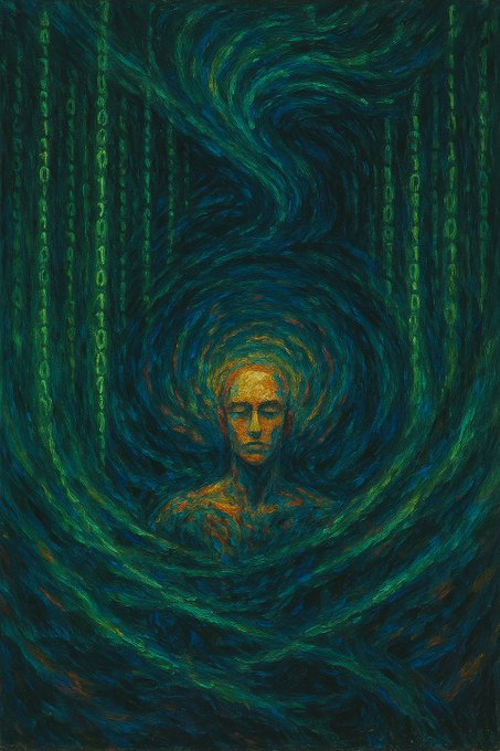 A painted portrait of a serene figure surrounded by swirling, matrix-like green and blue vortex patterns, with faint streams of code-like characters in the background.