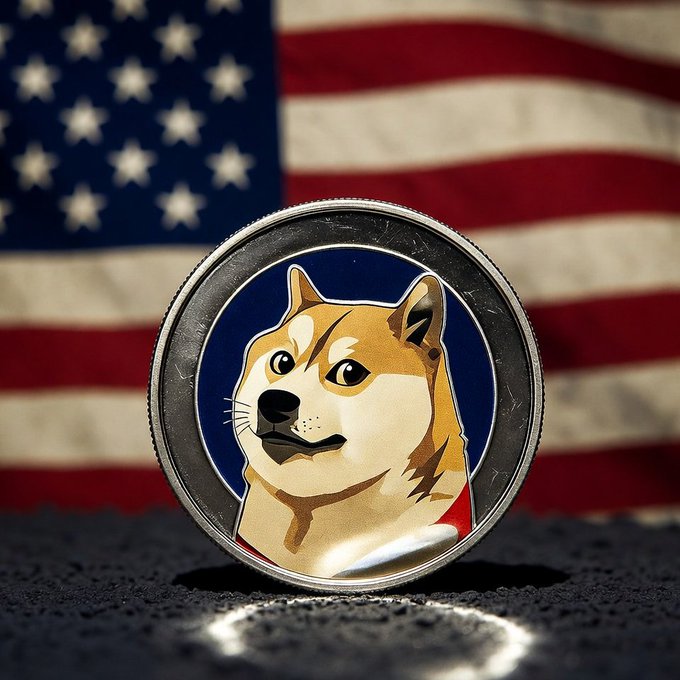 A Dogecoin coin featuring the iconic Shiba Inu "Doge" face is displayed in front of a waving American flag, perfectly capturing the post's patriotic 4th of July message celebrating both American independence and the Dogecoin community's "HODLing" spirit.