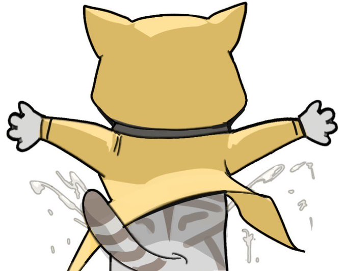 A cartoon cat seen from behind, wearing a yellow shirt and standing triumphantly with arms outstretched amid splashes of water, evoking the playful excitement of someone rushing to "buy the dip" — or in this case, pouncing on "PURR" before it dips. The image humorously captures the eager, all-in energy of the post's "BUY PURR RIGHT NOW!!!!!" rallying cry.