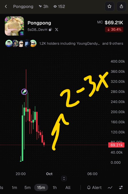 A candlestick chart for a token named 'Pongpong' (ticker: 5sD8...DevH) shows a dramatic price drop, with a hand-drawn arrow and '2-3X' annotation.