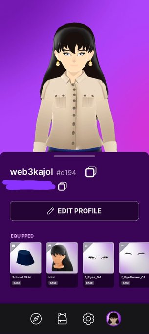 A mobile app screen for 'web3kajol #d194' showing a 3D anime-style female avatar in a school uniform, with an 'EDIT PROFILE' button and equipped items including a 'School Skirt' and 'Idol' hair.
