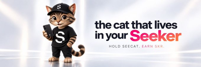 A cartoon tabby cat wearing a black "S" cap and shirt holds up a smartphone in a sleek white setting. Beside it, bold text reads "the cat that lives in your Seeker — HOLD SEECAT. EARN $SKR," tying directly to the community-submitted banner for the Solana token $SEECAT.