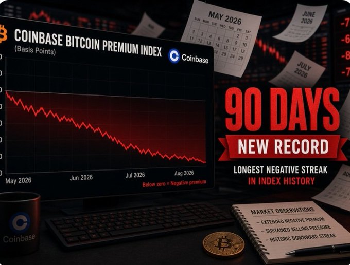 A graphic showing a declining red line chart titled 'COINBASE BITCOIN PREMIUM INDEX' on a monitor, with text highlighting '90 DAYS NEW RECORD' as the 'LONGEST NEGATIVE STREAK IN INDEX HISTORY', alongside a notebook listing extended negative premium, sustained selling pressure, and historic downward streak.