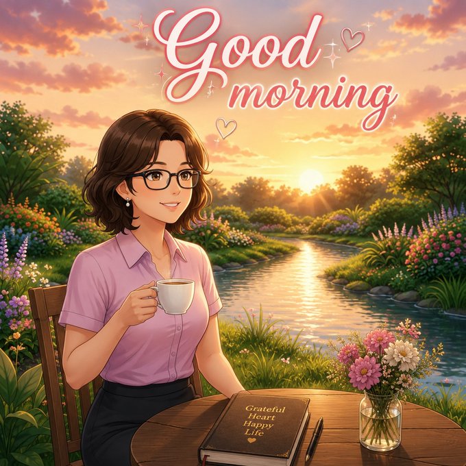 An animated illustration of a woman with glasses holding a coffee cup, with 'Good morning' text and a gratitude journal on a table by a stream at sunset.