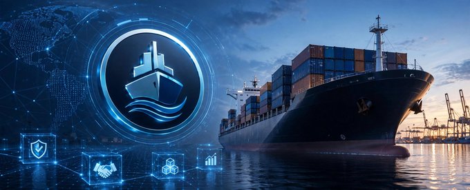 A large container ship docked at a port is overlaid with a digital interface featuring a ship emblem in a glowing blue circle, alongside icons representing security, partnerships, blockchain, and analytics. The image visually reinforces the post's message by combining traditional maritime shipping imagery with futuristic tech elements, symbolizing how EthraShip integrates real-time vessel performance data directly into its blockchain protocol rather than relying on static tokenized ownership.
