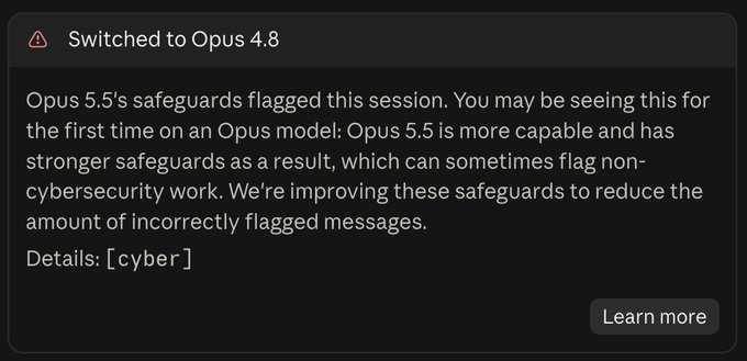 A screenshot showing a notification that reads 'Switched to Opus 4.8' with a warning that 'Opus 5.5's safeguards flagged this section' and details marked as '[cyber]'.