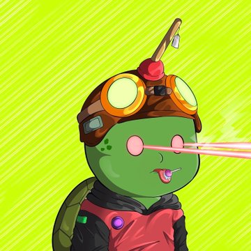 A cartoon illustration of a green turtle character wearing goggles and a red harness, with laser beams shooting from its eyes against a bright green background.