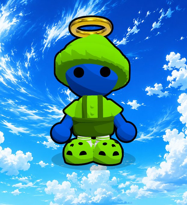 A cartoon illustration of a small blue character wearing a green mushroom-shaped hat with a golden halo, green outfit, and green shoes against a bright cloudy sky background.