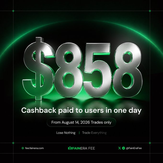 A promotional graphic by FainEra Fee highlights $858 in cashback paid to users in one day from August 14, 2026 trades, set against a bold green and black background with the tagline "Lose Nothing | Trade Everything," reinforcing the post's emphasis on the platform's consistent and substantial payouts compared to stingier competitors.