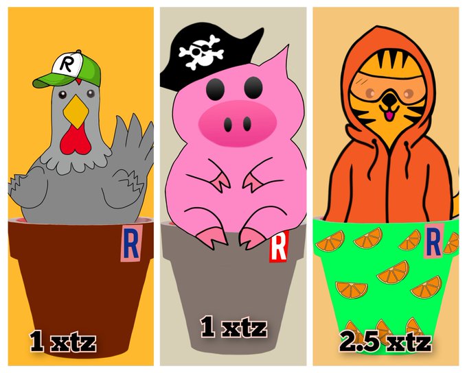 Three cartoon NFT-style characters sitting in flower pots: a gray chicken in a brown pot, a pink pig with a pirate hat in a gray pot (1 xtz each), and an orange cat in a green patterned pot (2.5 xtz).