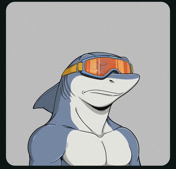 A muscular anthropomorphic shark character wearing orange ski goggles poses confidently against a gray background, matching the bold, "I left with a bang" energy of the post promoting the $SHARX NFT community on Discord.