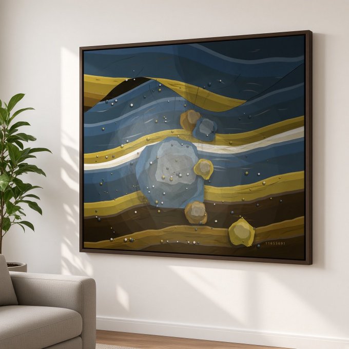 An abstract framed painting featuring blue, yellow, and brown layered waves with golden accents and stones, displayed in a minimalist room next to a plant and sofa.