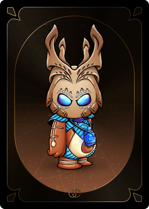 A digital illustration of a small, stylized character wearing an ornate deer-like headdress with antlers, glowing blue eyes, and a teal and brown outfit with a hood, set against a dark oval frame.