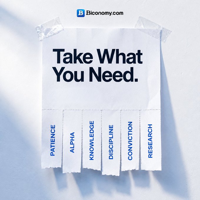 A poster taped to a wall reading 'Take What You Need.' with tear-off tabs labeled PATIENCE, ALPHA, KNOWLEDGE, DISCIPLINE, CONVICTION, and RESEARCH, attributed to Biconomy.com.