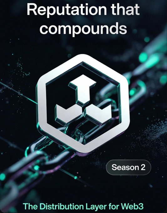 A promotional graphic features a 3D hexagonal cube with the text 'Reputation that compounds', 'Season 2', and 'The Distribution Layer for Web3'.