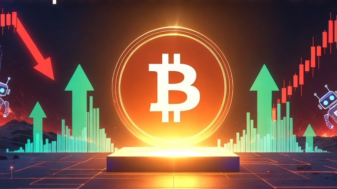 A glowing Bitcoin "B" symbol is centered on a stage with green upward arrows and red candlestick charts indicating market activity, with small robot figures flanking the sides.

The image visually represents the post's theme of Wall Street investing in quantum-resistant Bitcoin security, with the central Bitcoin symbol highlighting the cryptocurrency being protected, while the upward arrows suggest financial growth and the robots reference the quantum computing threat being addressed.