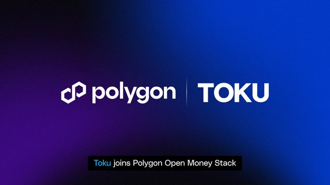 The image displays the Polygon and Toku logos side by side against a blue and purple gradient background, with text at the bottom reading "Toku joins Polygon Open Money Stack." This visually represents the partnership announced in the post, where Toku's global payroll platform integrates with Polygon's wallet and payout infrastructure to enable stablecoin payroll distribution worldwide.