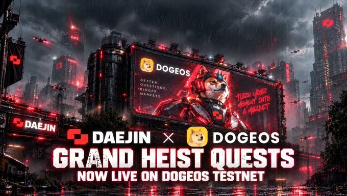 A promotional banner for 'DAEJIN × DOGEOS GRAND HEIST QUESTS NOW LIVE ON DOGEOS TESTNET' set against a dark cyberpunk cityscape featuring a Shiba Inu character on a large screen.