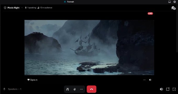 A screenshot of a video call interface titled 'Movie Night' showing a clip of a pirate ship in a misty cove, with the name 'Sipra' visible.