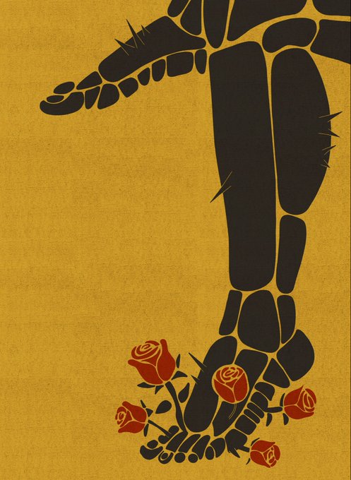 An artistic graphic showing a black silhouette of a leg and foot adorned with red roses against a textured mustard yellow background.