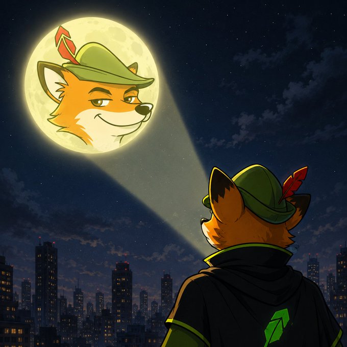 An anthropomorphic fox dressed as Robin Hood, wearing a green feathered cap and matching tunic with a leaf emblem, gazes up at the full moon, which mirrors his likeness as a beaming face. The nighttime cityscape below reinforces the post's message that the legend of Robin Hood—and FOX—never sleeps.