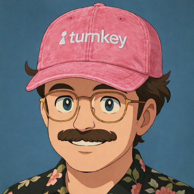 An illustrated avatar of a smiling man with a mustache, round glasses, and a pink "turnkey" cap, representing Conner, a Staff Engineer at Turnkey.