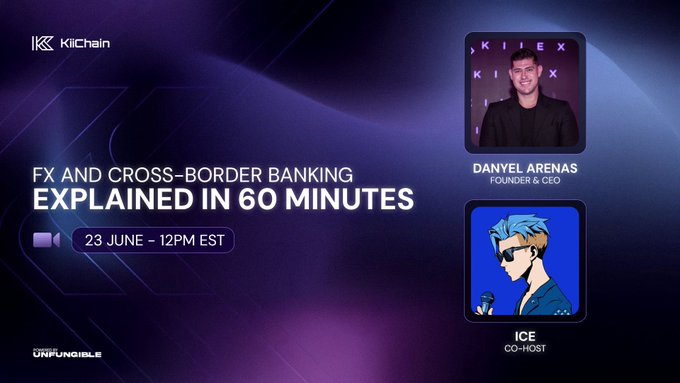 The image shows a poster or banner that has two men depicted wearing sunglasses and holding microphones. The text on the poster reads "FX and cross-border banking explained in 60 minutes" and includes the names of co-founders Danel Arenas and @fhenix live as they discuss why moving your money across borders can still be slow, costly, and ready for change.
