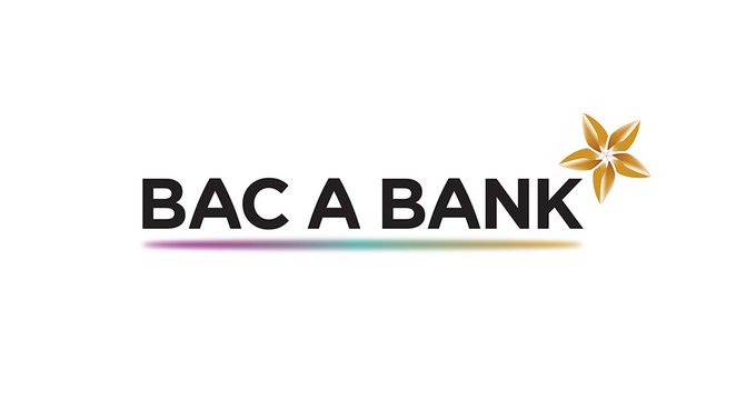 The BAC A BANK logo featuring black text with a colorful underline and an orange/gold flower-like icon.