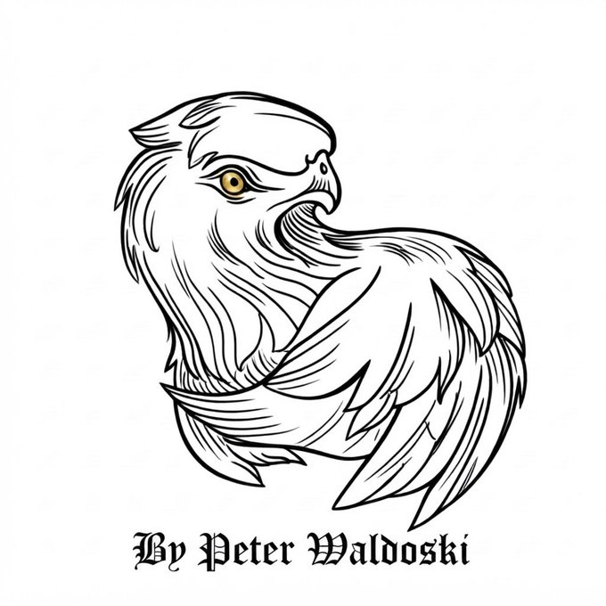 A black and white line art illustration of a fierce bird of prey with a golden eye, with the text 'By Peter Waldoski' displayed below.