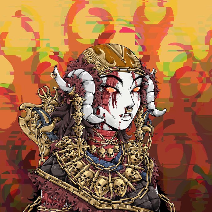 A stylized digital illustration of a horned, skull-adorned figure with a bloodied white mask set against a vibrant orange and yellow background, paired with the post "Nu Day" suggests a fresh or reimagined version of the character.