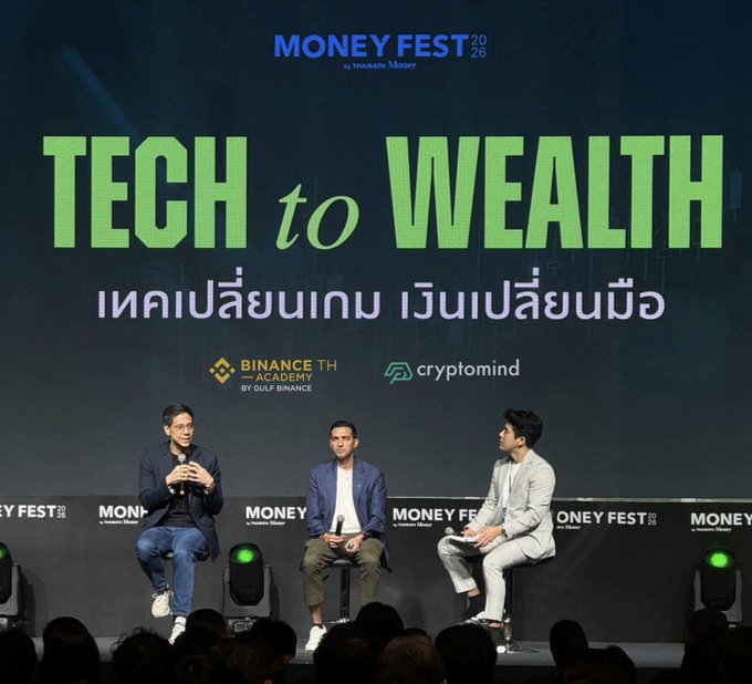Three men in business attire sit on stools on stage at the "MONEY FEST 2026 by Thairath Money" event, participating in a panel discussion titled "TECH to WEALTH เทคเปลี่ยนเกม เงินเปลี่ยนมือ" with co-sponsors Binance TH Academy and Cryptomind displayed on the backdrop. The panel aligns with the accompanying post highlighting Dr. Korn Poonsiriwong of Gulf Binance's insights on digital assets at this large investor gathering.