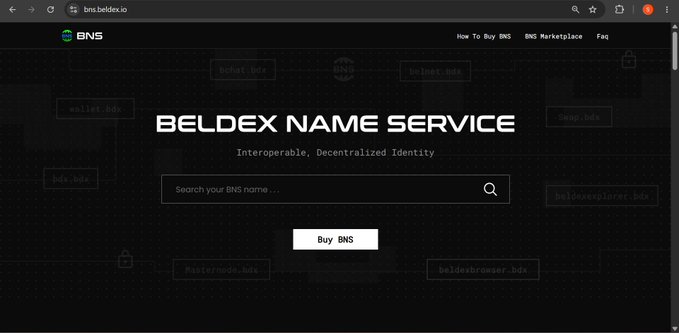 The Beldex Name Service (BNS) website homepage showing the tagline 'Interoperable, Decentralized Identity' with a search bar to search for BNS names and a 'Buy BNS' button.