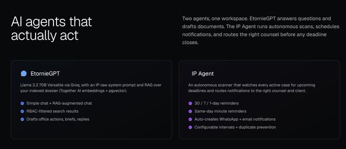 The image shows a screenshot of an email or webpage with two agents, one named "EornieGPT" and another named "IP Agent", both working together to answer questions about IP addresses and manage notifications for IP addresses. The agents are responsible for handling IP-related tasks such as monitoring IP addresses, sending notifications, and drafting documents related to IP management.