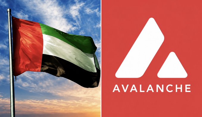 The image is split, showing the UAE flag waving against a sunset sky on the left and the red Avalanche ($AVAX) logo on the right, visually representing the news that Avalanche is being integrated into UAE PASS, bringing its blockchain services to over 11 million users in the UAE's national digital identity system.