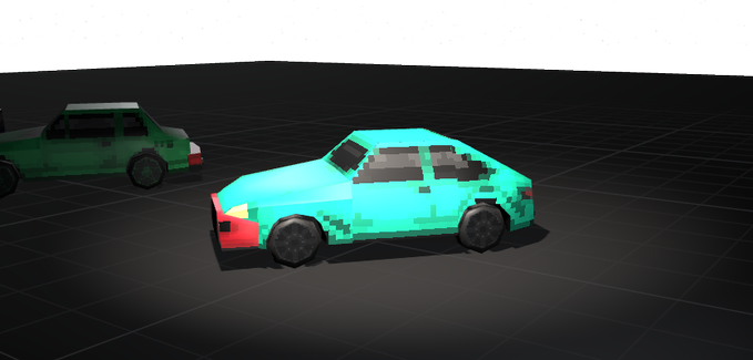 Two pixelated, low-poly 3D car models (one teal, one green) rendered in a video game or simulation environment against a dark grid background.