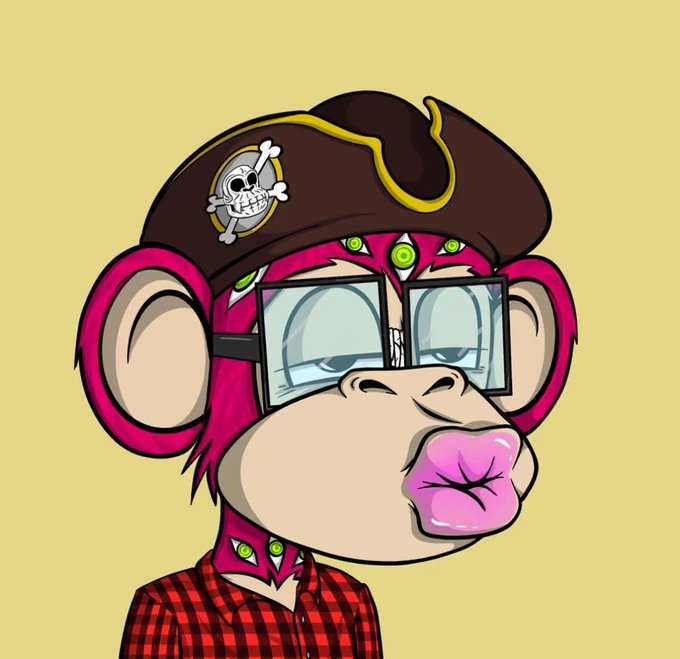 A digital illustration of a monkey with pink hair wearing a pirate hat with a skull logo and glasses, with its tongue sticking out.