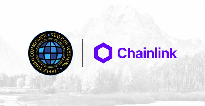 A graphic showing the 'Stable Token Commission State of Wyoming' seal on the left and the 'Chainlink' logo on the right, set against a faded background image of mountains and trees.