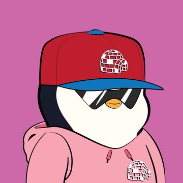 A cartoon illustration of a penguin wearing a red baseball cap with blue brim, black sunglasses, and a pink hoodie against a purple background.