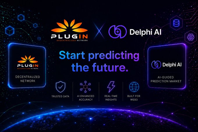 The image is a promotional graphic announcing a partnership between Plugin (PLI) and Delphi AI, featuring the Plugin logo alongside the Delphi AI logo with the tagline "Start predicting the future." It highlights Plugin's "Decentralized Network" and Delphi AI's "AI-Guided Prediction Market," along with four key feature icons: Trusted Data, AI Enhanced Accuracy, Real-Time Insights, and Built for Web3.

The graphic visually reinforces the post's message by showcasing how Plugin's decentralized data infrastructure and Delphi AI's AI-driven prediction capabilities combine to deliver sharper market intelligence, supporting the claim that "better inputs make sharper calls" in prediction markets.